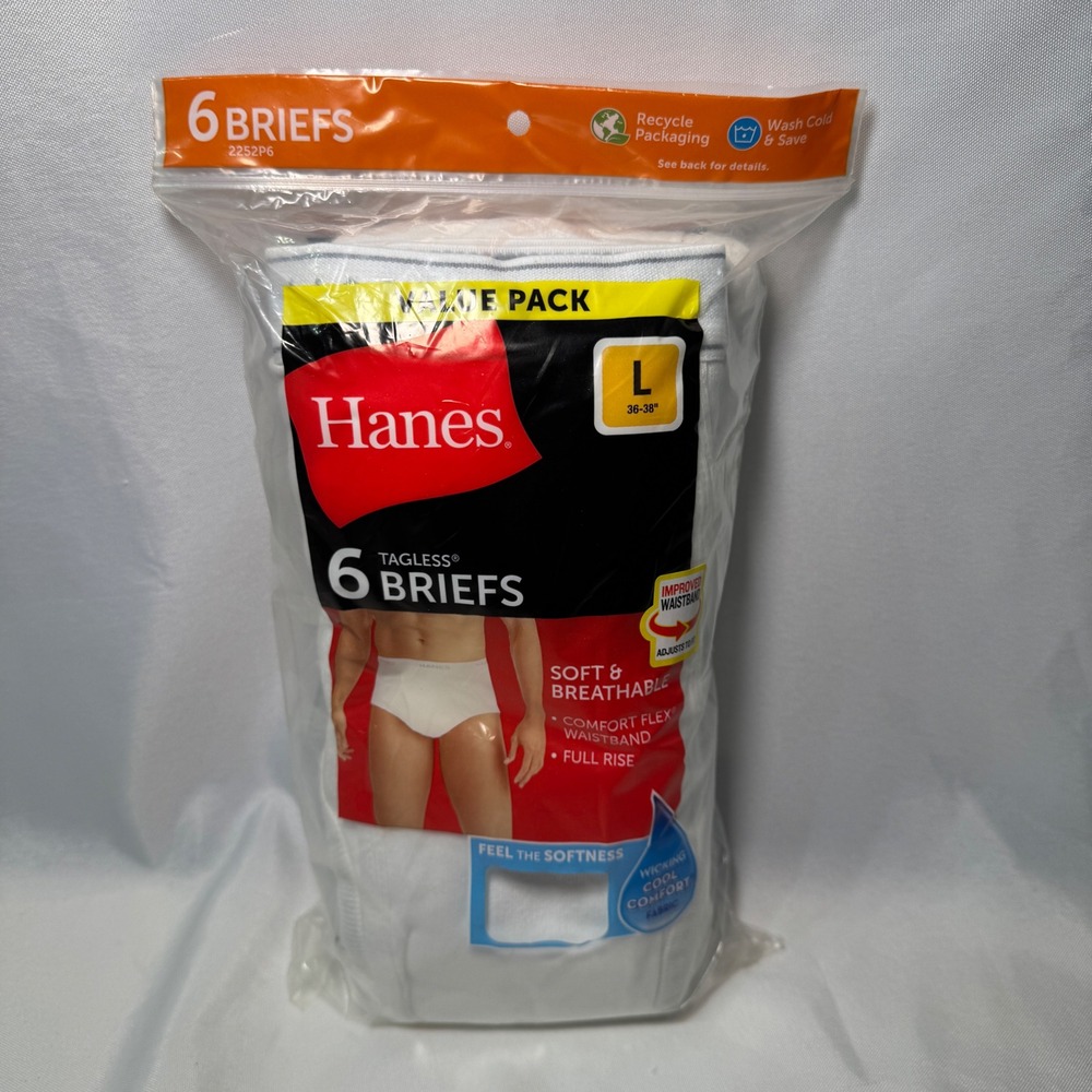 Hanes Mens Tagless Briefs 6 Pack White Full Rise Comfort Flex Waistband L 2252P6